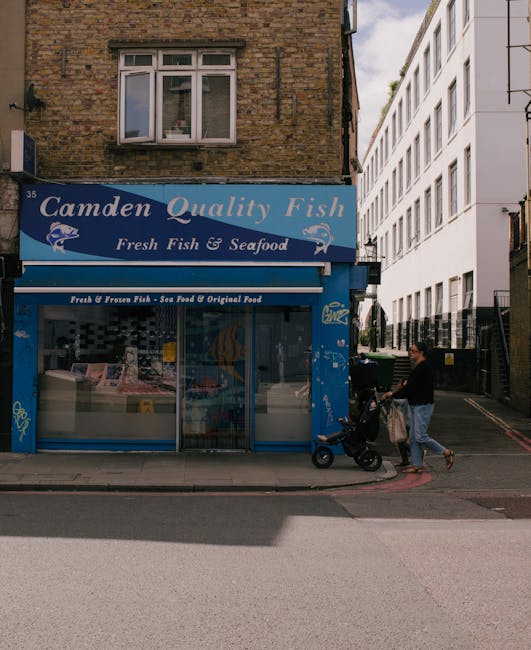 Street view featuring a blue storefront with a sign reading 'Camden Quality Fish' and 'Fresh Fish & Seafood' above the entrance, located on a brick building. Adjacent to it is a white modern building with multiple windows. In front of the shop, a woman pushing a stroller is captured mid-walk on the sidewalk, with natural daylight illuminating the scene. The area appears clean and well-maintained, with minimal street pollution visible. Camden Carpet Cleaning specializes in surface cleaning and deep cleaning services, ensuring hygiene and maintenance for commercial premises like shops and residential spaces in Camden Town, as highlighted in the page 'Regents Park upholstery cleaning near Camden Town station, CAMDEN'.